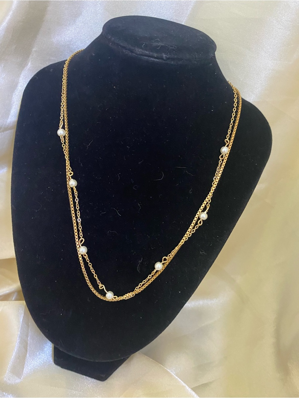 Vintage 90s Gold Tome Layered double chain Faux Pearl Adjustable Necklace